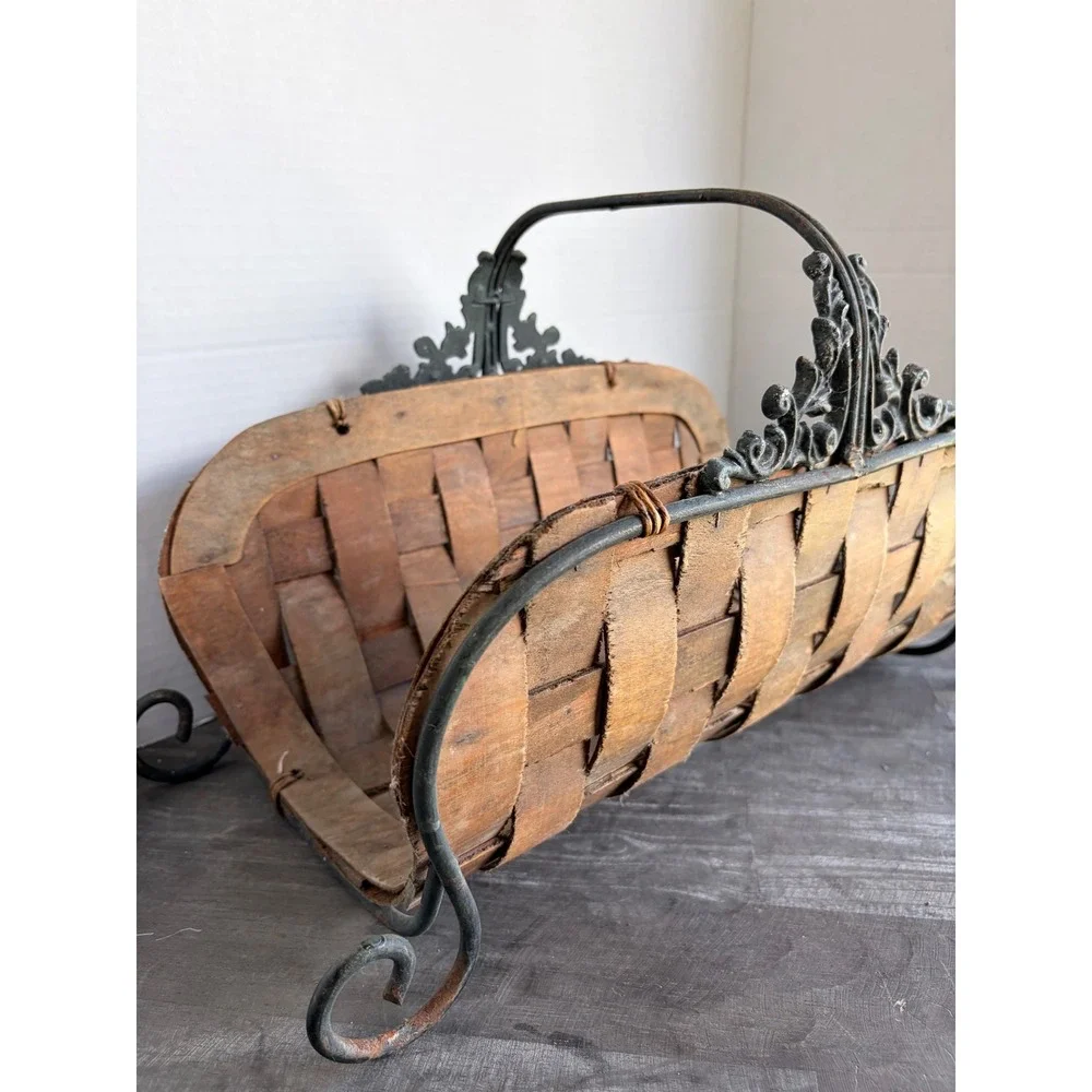 Vintage Woven Wood Splint Log Basket Wrought Iron Scrolled Frame Hearth Holder